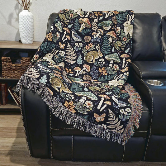 Forest Flora 100% Cotton Woven Blanket, Woodland Animals Cottagecore Wall Hanging Tapestry, Cozy Throw, Nature Home Decor