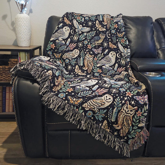 Mystical Owl 100% Cotton Woven Blanket, Celestial Crystals & Moths Wall Hanging Tapestry, Cozy Throw