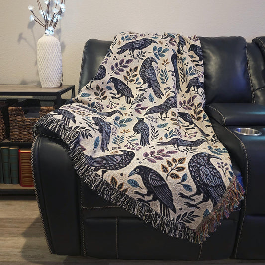 Ravens 100% Cotton Woven Blanket, Gothic Crow Wall Hanging Tapestry, Cozy Throw, Bird Lover Gift