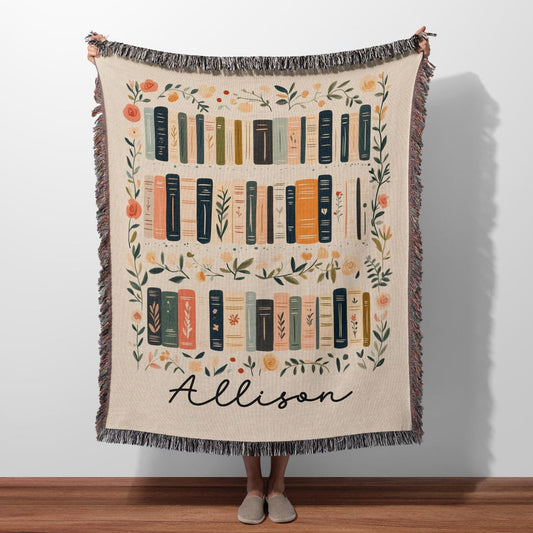 Custom Book Lovers 100% Cotton Woven Blanket, Wildflowers Bookish Wall Hanging Tapestry, Cozy Throw, Gift for Bookworm