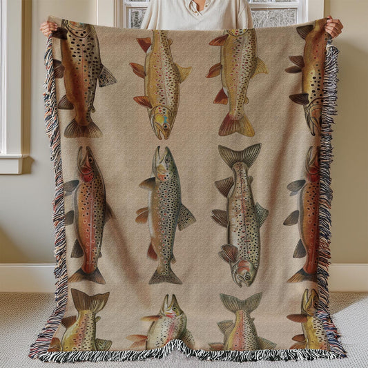 Lake House 100% Cotton Woven Blanket, Wall Hanging Tapestry, Cozy Throw, Rainbow Trout, Great Lakes Trout Fishing Gift For Fishermen, Cabin Gift for Dad or Husband