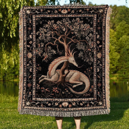 Folklore Dragon 100% Cotton Woven Blanket, Medieval Aesthetic Fairytale Inspired Wall Hanging Tapestry, Cottagecore Style Fairycore Cozy Throw