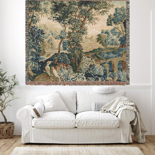 French 100% Cotton Woven Blanket, Vintage Wall Hanging Tapestry, Cozy Throw, Verdure with Parrots, Old Money Home Decor