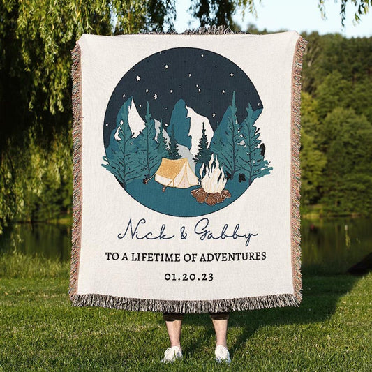 Outdoorsy Couple 100% Cotton Woven Blanket, Personalized Nature Lovers Camping Wall Hanging Tapestry, Cozy Throw