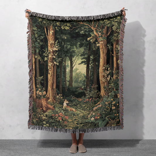 Enchanted Forest 100% Cotton Woven Blanket, Nature Wall Hanging Tapestry, Woodland Cozy Throw, Home Decor Gifts
