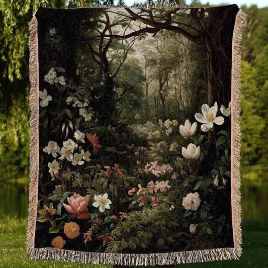 Dark Woodland 100% Cotton Woven Blanket, Whimsigoth Wall Hanging Tapestry, Cozy Throw, Victorian Gothic Aesthetic Botanical Fairy Decor