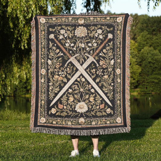 Medieval Sword 100% Cotton Woven Blanket, Floral Gothic Wall Hanging Tapestry, Cozy Throw, Fantasy Crossed Swords Decor, Warrior Aesthetic