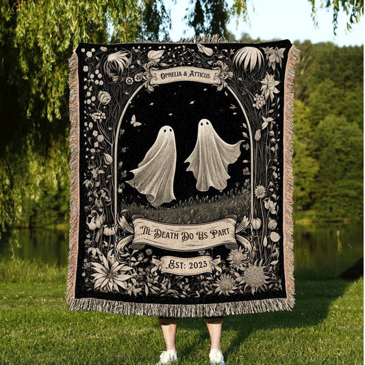 Boho Ghost Couple 'Till Death Do Us Part' 100% Cotton Woven Blanket, Personalized Gothic Wedding Wall Hanging Tapestry, Cozy Throw, His & Hers Anniversary Gift