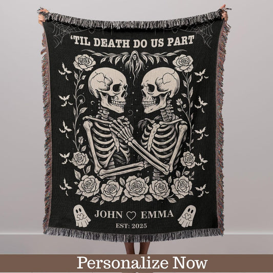 Skeleton Couple Till Death 100% Cotton Woven Blanket, Personalized Wedding Wall Hanging Tapestry, Spooky Goth Halloween Cozy Throw, His & Hers Anniversary Gift
