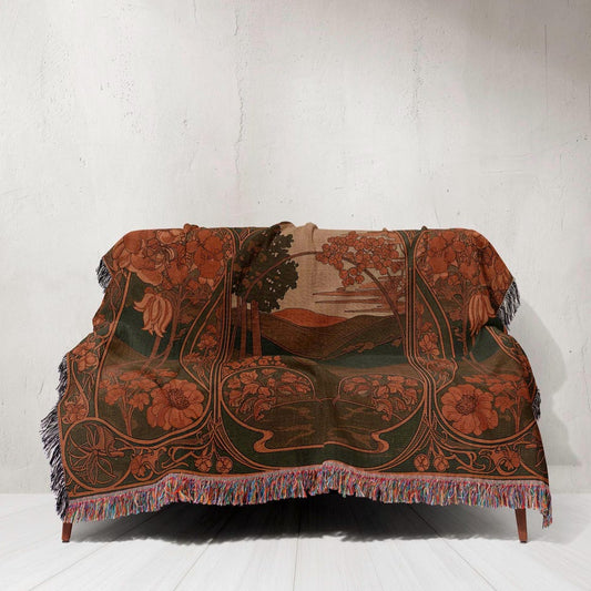 Art Nouveau 100% Cotton Woven Blanket, Floral Jacquard Wall Hanging Tapestry, Cozy Throw, Nature-Inspired Bohemian Home Decor