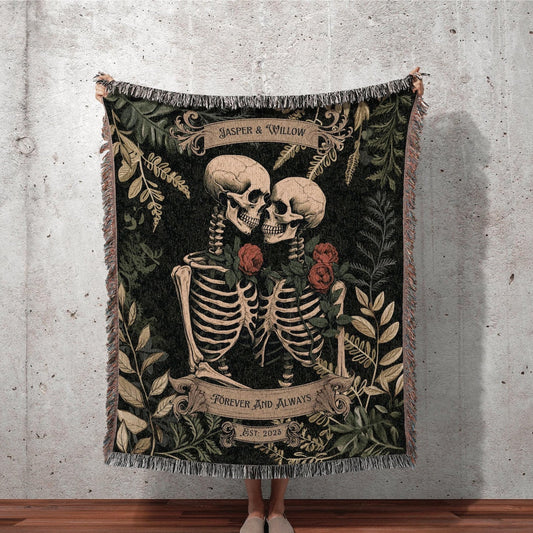 Skeleton Lovers Personalized 100% Cotton Woven Blanket, Gothic Wedding Custom Wall Hanging Tapestry, Cozy Throw, Spooky Anniversary Gift For Goths