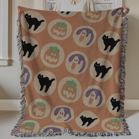Ghost & Pumpkin Sugar Cookie 100% Cotton Woven Blanket, Wall Hanging Tapestry, Cozy Throw, Retro 90s Y2K Halloween Decor