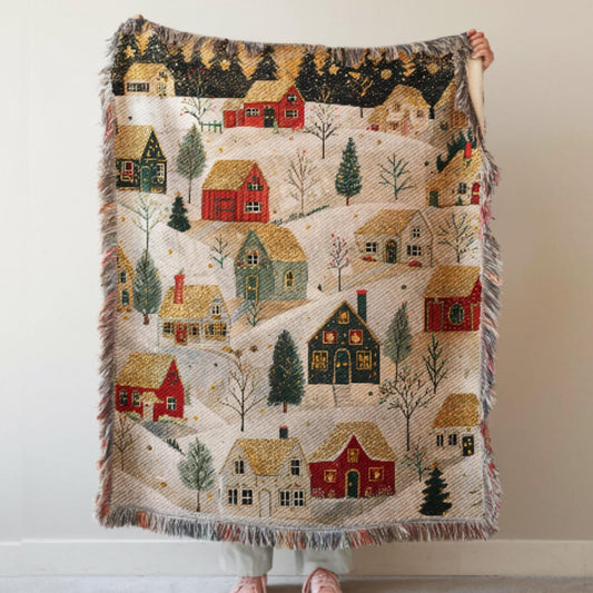 Village Christmas 100% Cotton Woven Blanket, Holiday Wall Hanging Tapestry, Cozy Throw, Festive Gifts