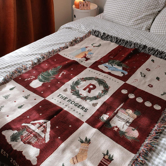 Personalized Christmas Family Name 100% Cotton Woven Blanket, Holiday Winter Wall Hanging Tapestry, Rustic Farmhouse Xmas Decor Cozy Throw, Festive Gift