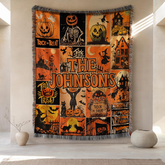 Halloween Watching Movie 100% Cotton Woven Blanket, Custom Name Wall Hanging Tapestry, Cozy Throw, Vintage Spooky Season