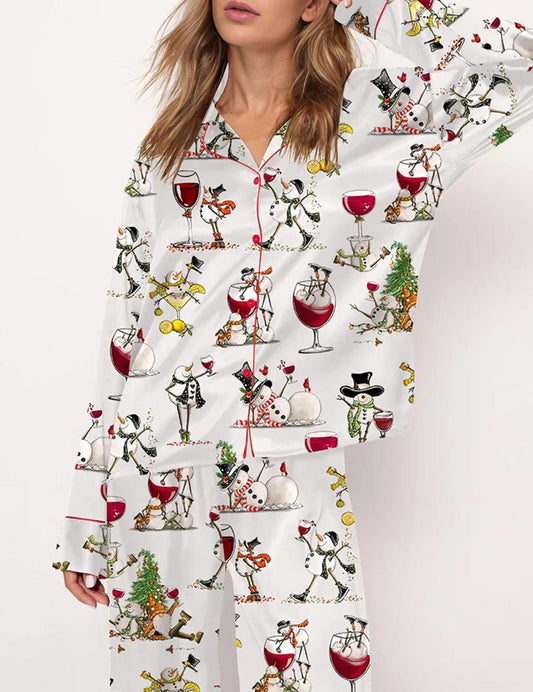 Winey Snowman Satin Long Sleeve Pajama Set For Women, Women's Loungewear