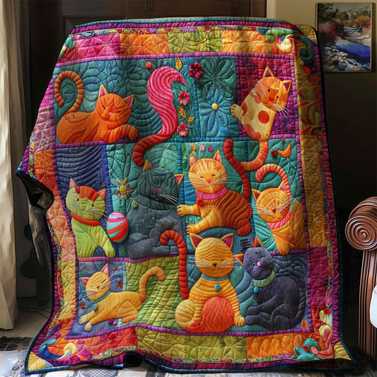 Cute Cats And Colorful Yarns Quilted Blanket