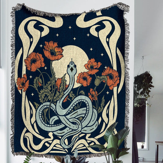 Celestial Snake 100% Cotton Woven Blanket, Floral Moon Wall Hanging Tapestry, Cozy Throw, Witchy Occult Decor