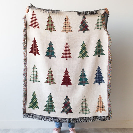 Plaid Trees Christmas 100% Cotton Woven Blanket, Holiday Winter Wall Hanging Tapestry, Rustic Farmhouse Xmas Decor Cozy Throw, Festive Gift