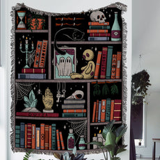Witchcore Bookshelf 100% Cotton Woven Blanket, Whimsygoth Book Nook Halloween Wall Hanging Tapestry, Cozy Throw, Dark Academia Decor