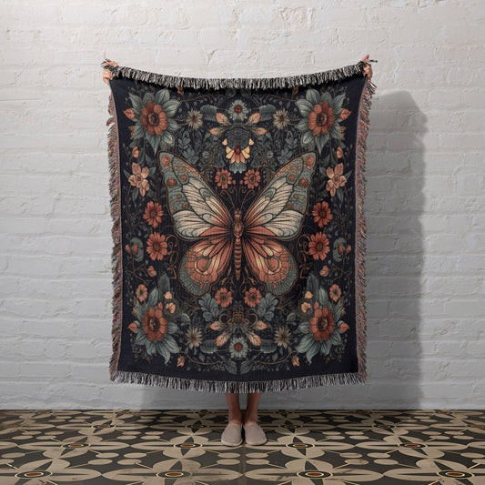 Butterfly 100% Cotton Woven Blanket, Botanical Folk Art Wall Hanging Tapestry, Cozy Throw