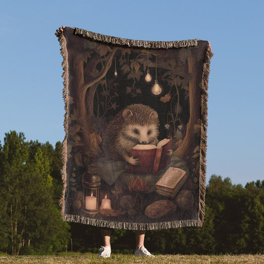 Hedgehog Reading 100% Cotton Woven Blanket, Wall Hanging Tapestry, Cozy Throw, Whimsical Cottagecore Decor