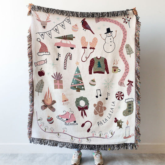 Cute Christmas 100% Cotton Woven Blanket, Holiday Winter Wall Hanging Tapestry, Rustic Farmhouse Xmas Decor Cozy Throw, Festive Gift