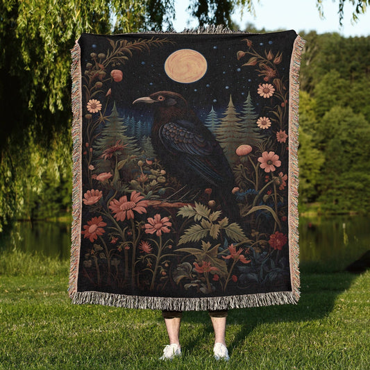Raven 100% Cotton Woven Blanket, Gothic Floral Forest Wall Hanging Tapestry, Cozy Throw