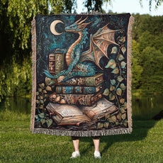 Bookish Dragon 100% Cotton Woven Blanket, Folklore Wall Hanging Tapestry, Cozy Throw