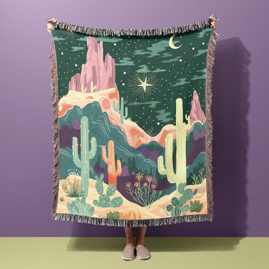 Desert Night 100% Cotton Woven Blanket, Cactus Wall Hanging Tapestry, Cozy Throw, Boho Witchy Whimsical Mystical Decor