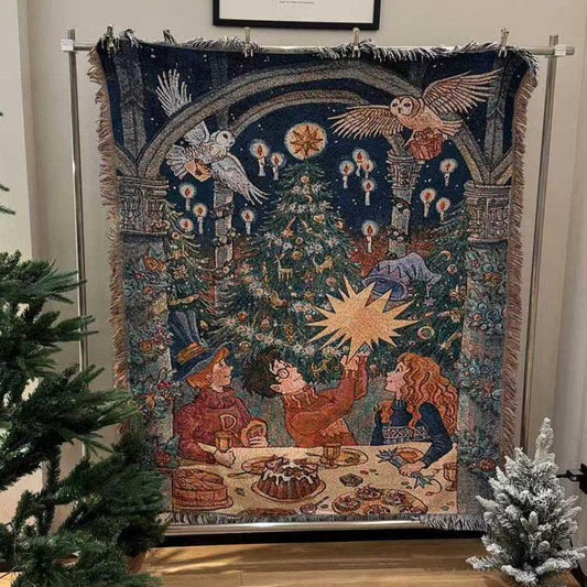Wizarding Christmas 100% Cotton Woven Blanket, Holiday Winter Wall Hanging Tapestry, Magic Xmas Decor Cozy Throw, Festive Gift