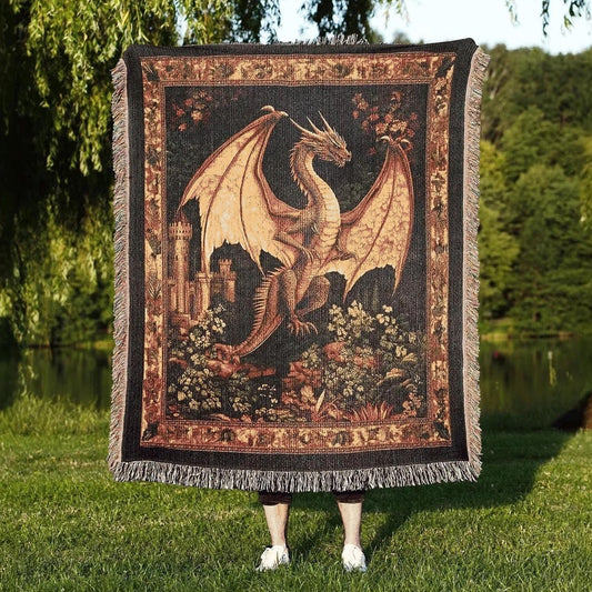 Medieval Dragon 100% Cotton Woven Blanket, Wall Hanging Tapestry, Cozy Throw, Fantasy Dragon Lover Gift, Gothic Home Decor
