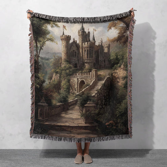 Medieval Castle 100% Cotton Woven Blanket, Enchanting Fairytale-Inspired Decorative Wall Hanging Tapestry, Cozy Throw, Cottagecore Fantasy Gift