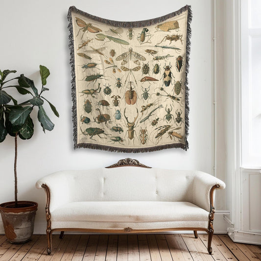 Vintage Beetle Insects 100% Cotton Woven Blanket, Bugs Moths Cottagecore Wall Hanging Tapestry, Cozy Throw, Neutral Decor, New Home Housewarming Gifts