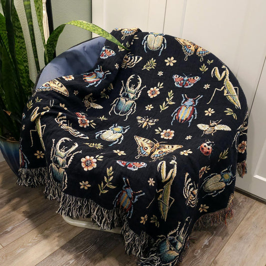 Insects 100% Cotton Woven Blanket, Bugs Cottagecore Wall Hanging Tapestry, Cozy Throw, Neutral Decor, New Home Housewarming Gifts