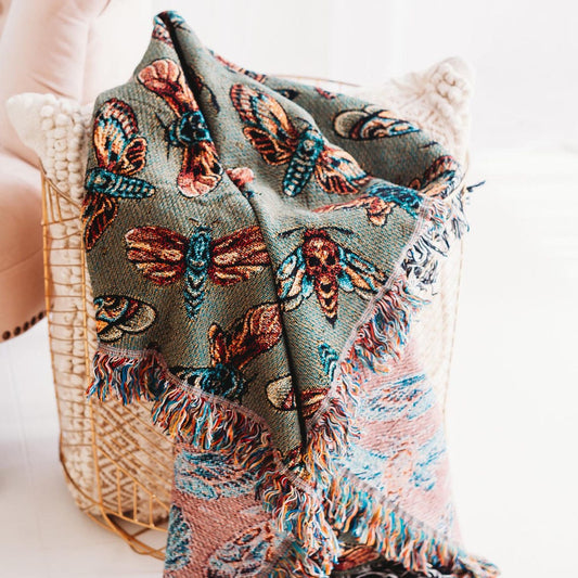 Boho 100% Cotton Woven Blanket, Moths Wall Hanging Tapestry, Cozy Throw, Butterfly Decor
