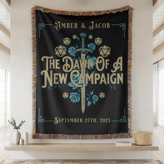Gamer Couple 100% Cotton Woven Blanket, Wall Hanging Tapestry, Cozy Throw, Nerdy Wedding Anniversary Gift, Sword Dice Dragons Marriage