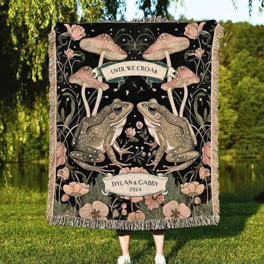 Until We Croak Frog Couple 100% Cotton Woven Blanket, Woodland Mushroom Gothic Wall Hanging Tapestry, Cozy Throw, Personalized Anniversary Cottagecore Gift for Frog Lover