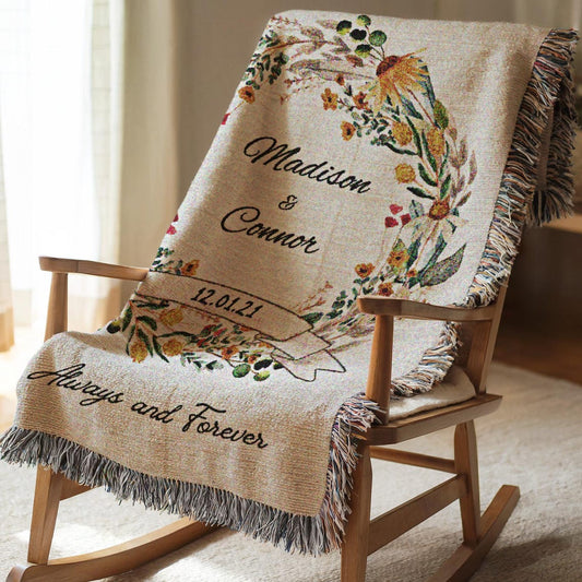 Anniversary 100% Cotton Woven Blanket, Floral Monogram Established Date Couple Names Wall Hanging Tapestry, Romantic Custom Message Cozy Throw